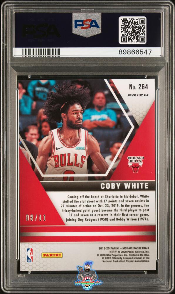 Back of 2019 Panini Mosaic Pink Swirl Mosaic Coby White #264 /11
