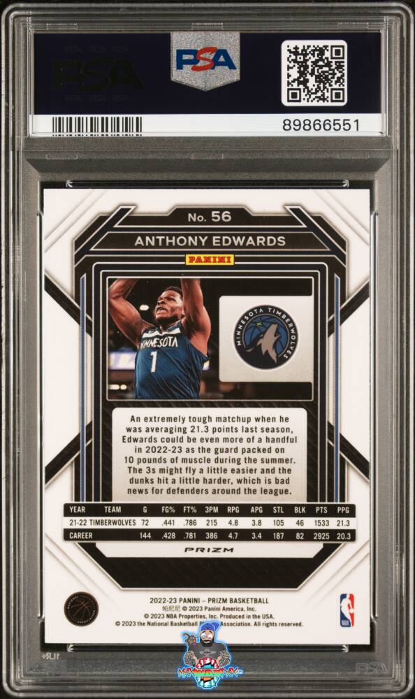 Back of 2022 Panini Prizm Red Ice Prizm Anthony Edwards #56
