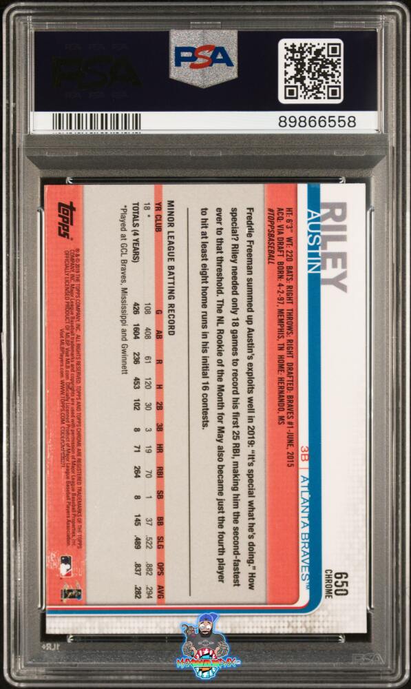Back of 2019 Topps Chrome Sapphire Edition Austin Riley #650