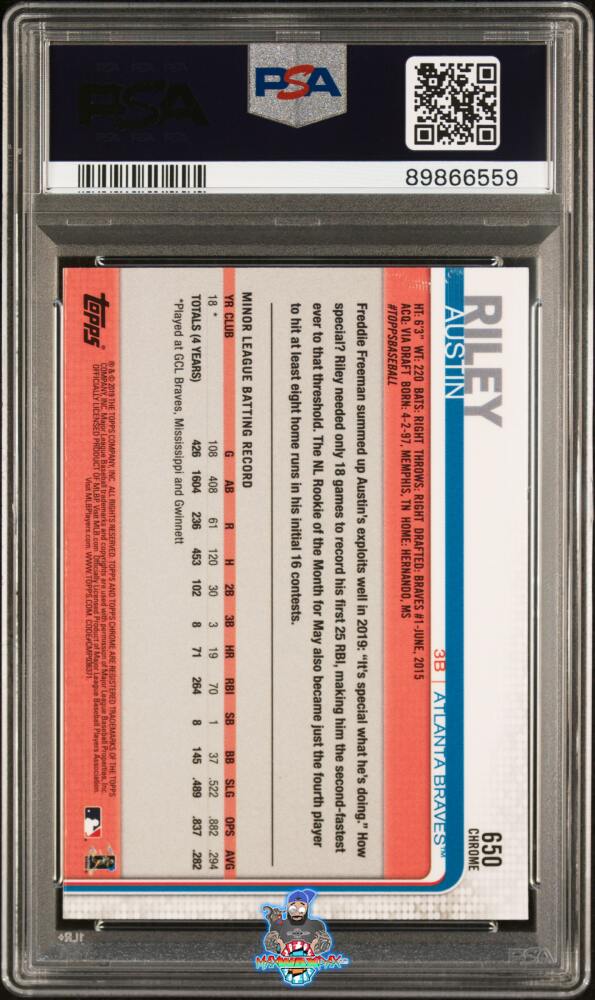 Back of 2019 Topps Chrome Sapphire Edition Austin Riley #650