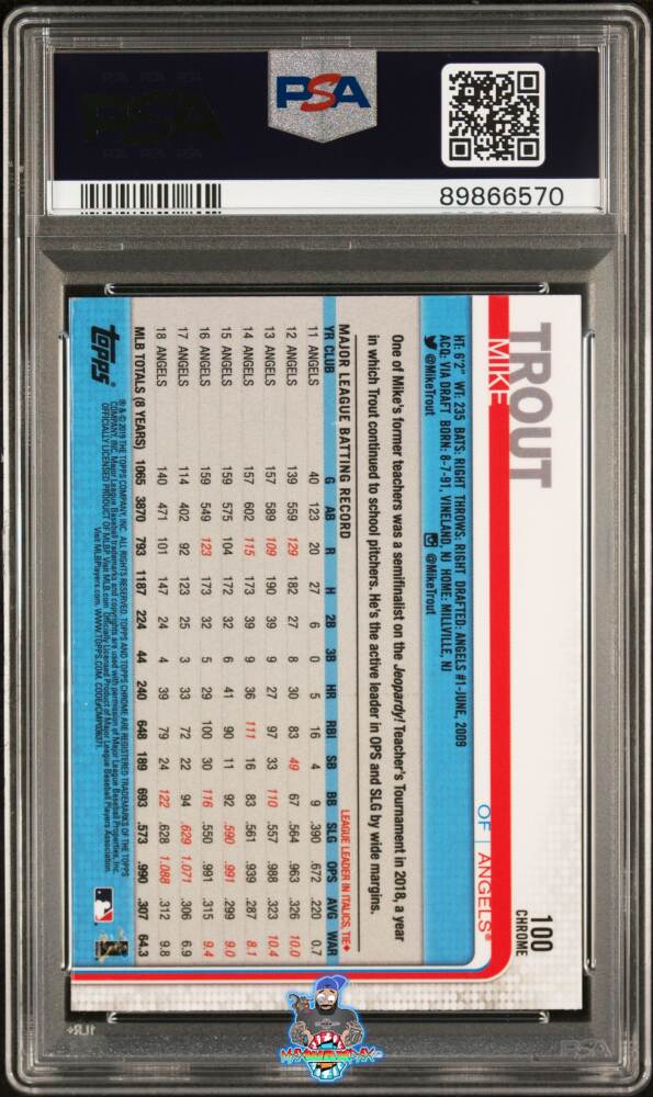 Back of 2019 Topps Chrome Sapphire Edition Mike Trout #100
