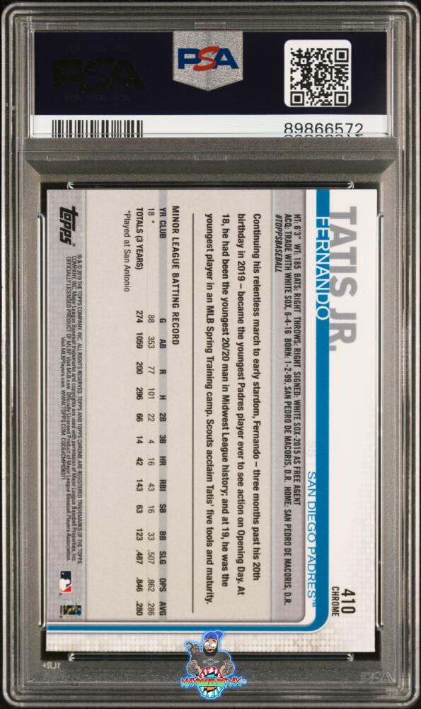 Back of 2019 Topps Chrome Sapphire Fernando Tatis Jr. #410