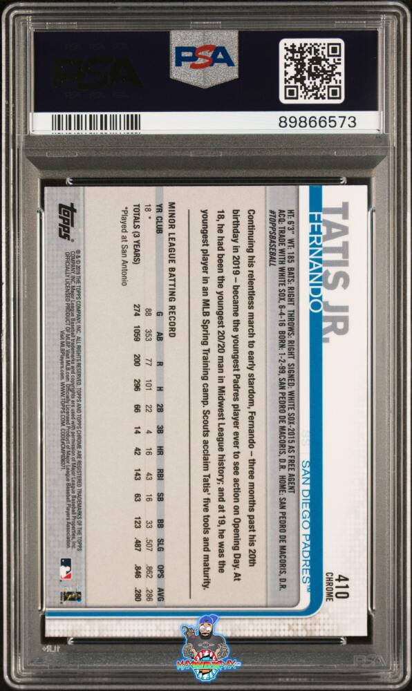 Back of 2019 Topps Chrome Sapphire Fernando Tatis Jr. #410
