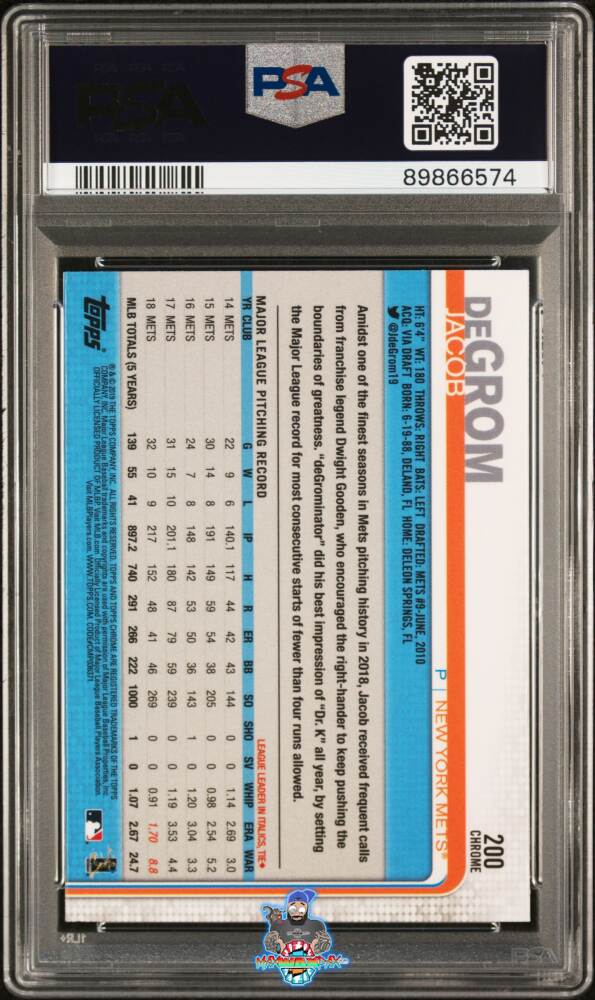 Back of 2019 Topps Chrome Sapphire Edition Jacob Degrom #200