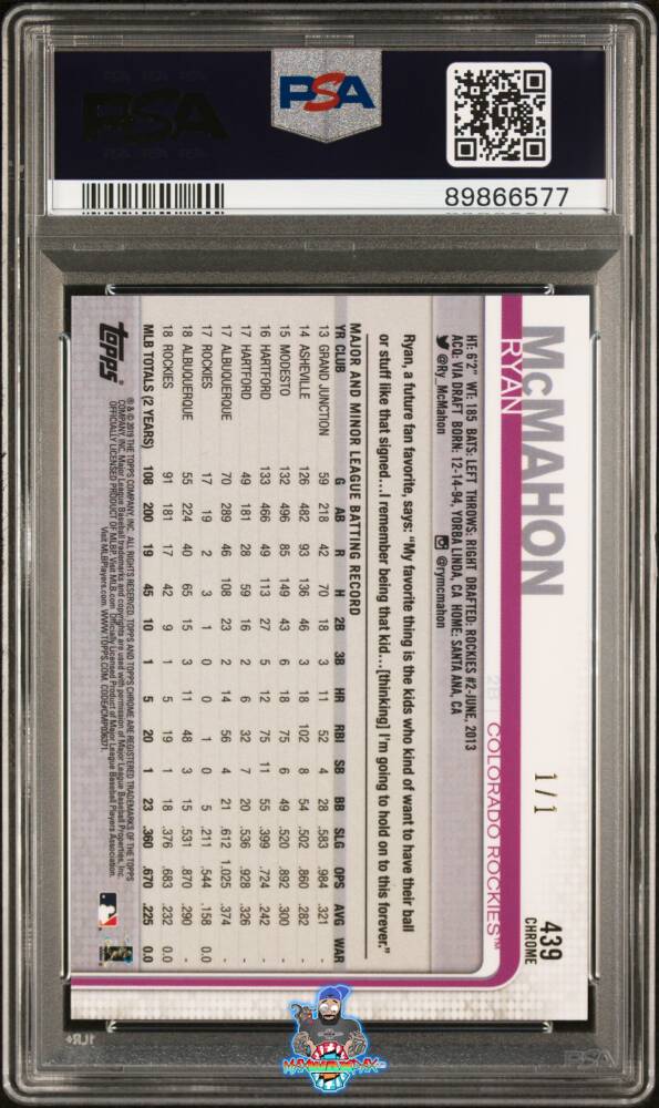 Back of 2019 Topps Chrome Sapphire Superfractor Ryan Mcmahon #439 /1