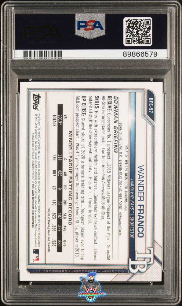 Back of 2021 Bowman 1st Edition Gold Foil Wander Franco #BFE57 /50