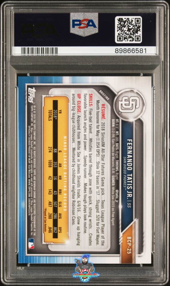 Back of 2019 Bowman Chrome Prospect Orange Refractor Fernando Tatis Jr. #BCP25 /25