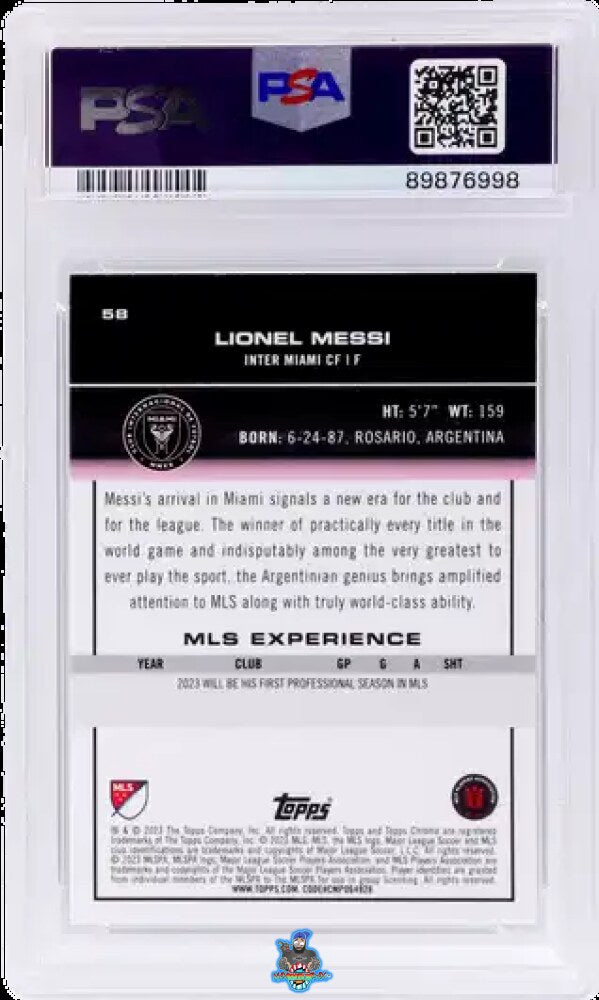 Back of 2023 Topps Chrome MLS Aqua Xfractor Lionel Messi #58 /125