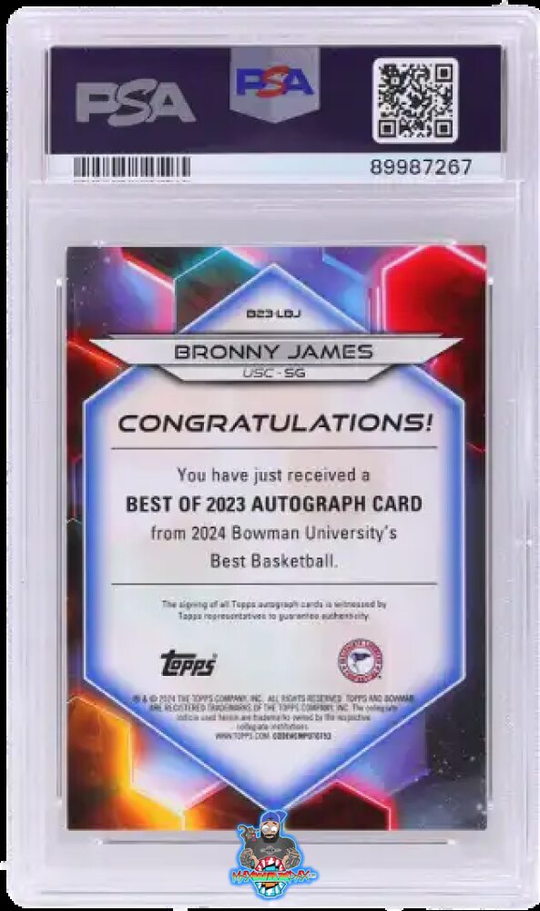 Back of 2023 Bowman University Best Best of '23 Autograph Superfractor Bronny James #B23LBJ /1