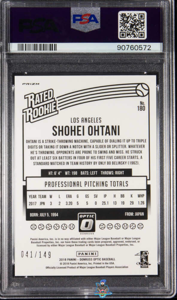 Back of 2018 Panini Chronicles Donruss Optic Rated Rookie Blue Shohei Ohtani #180 /149
