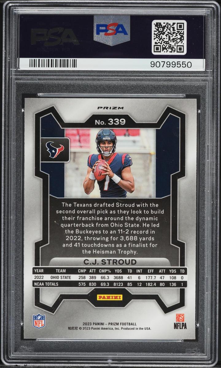 Back of 2023 Panini Prizm Purple Pulsar Prizm CJ Stroud #339