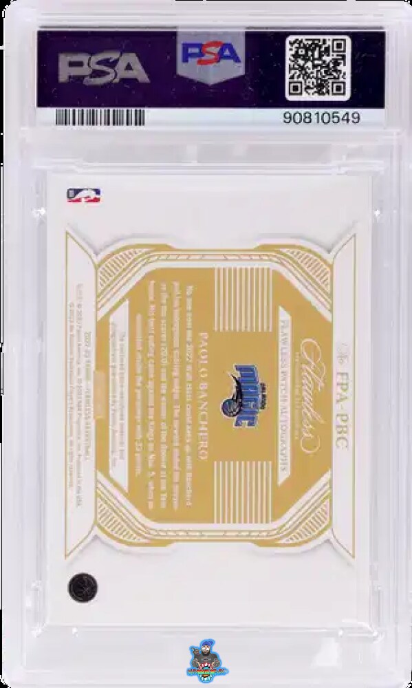 Back of 2022 Panini Flawless Patch Autograph Paolo Banchero #FPAPBC /25