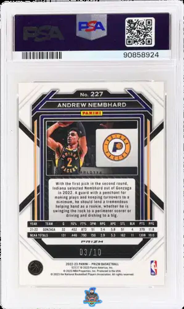 Back of 2022 Panini Prizm Gold Shimmer Fotl Prizm Andrew Nembhard #227 /10