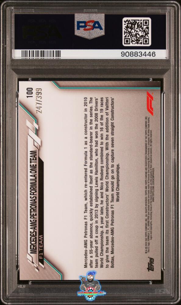 Back of 2020 Topps Chrome Formula 1 Purple Refractor Mercedes-Amg Petronas F1 Team #100 /399