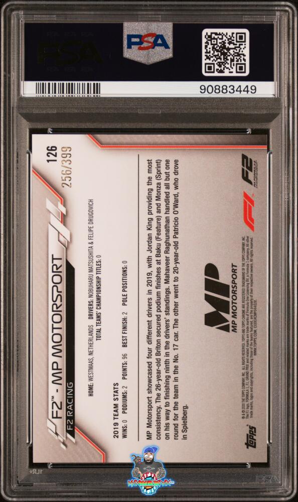 Back of 2020 Topps Chrome Formula 1 Purple Refractor Mp Motorsport #126 /399