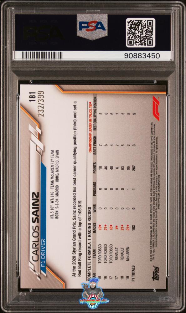 Back of 2020 Topps Chrome Formula 1 Purple Refractor Carlos Sainz #181 /399