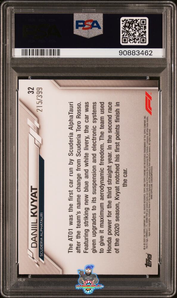 Back of 2020 Topps Chrome Formula 1 Purple Refractor Daniil Kvyat #32 /399