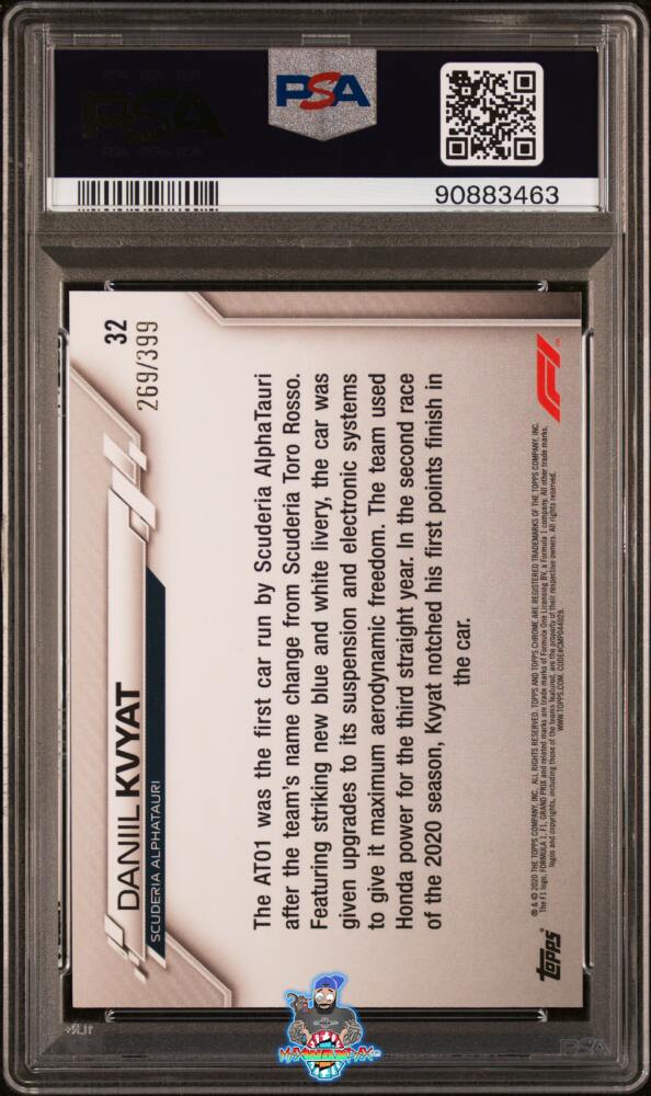 Back of 2020 Topps Chrome Formula 1 Purple Refractor Daniil Kvyat #32 /399