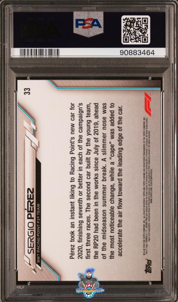 Back of 2020 Topps Chrome Formula 1 70th Anniversary Orange Refractor Sergio Perez #33