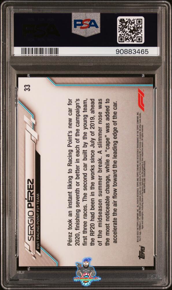 Back of 2020 Topps Chrome Formula 1 70th Anniversary Orange Refractor Sergio Perez #33