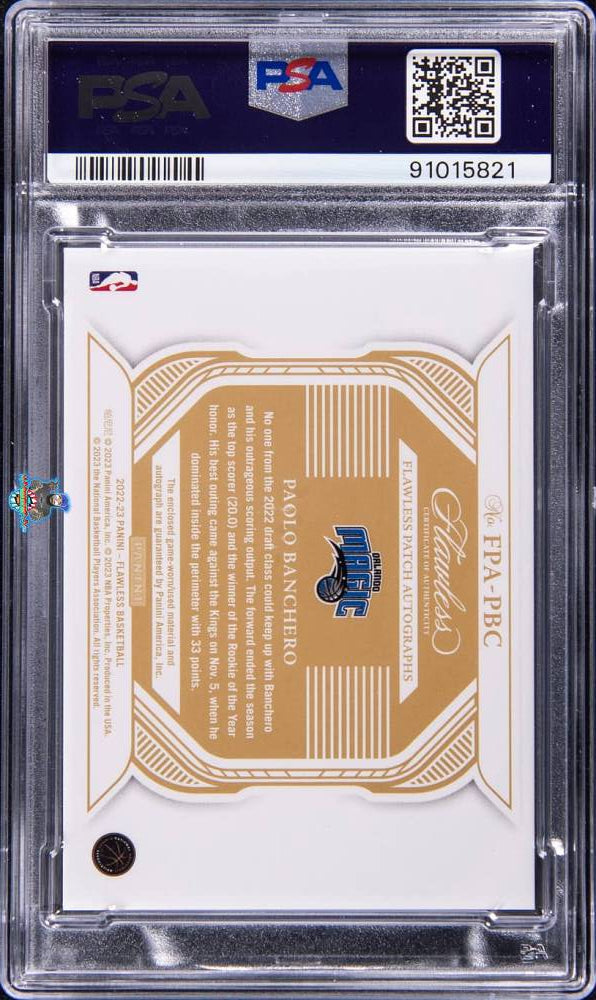 Back of 2022 Panini Flawless Patch Autograph Paolo Banchero #FPAPBC /25