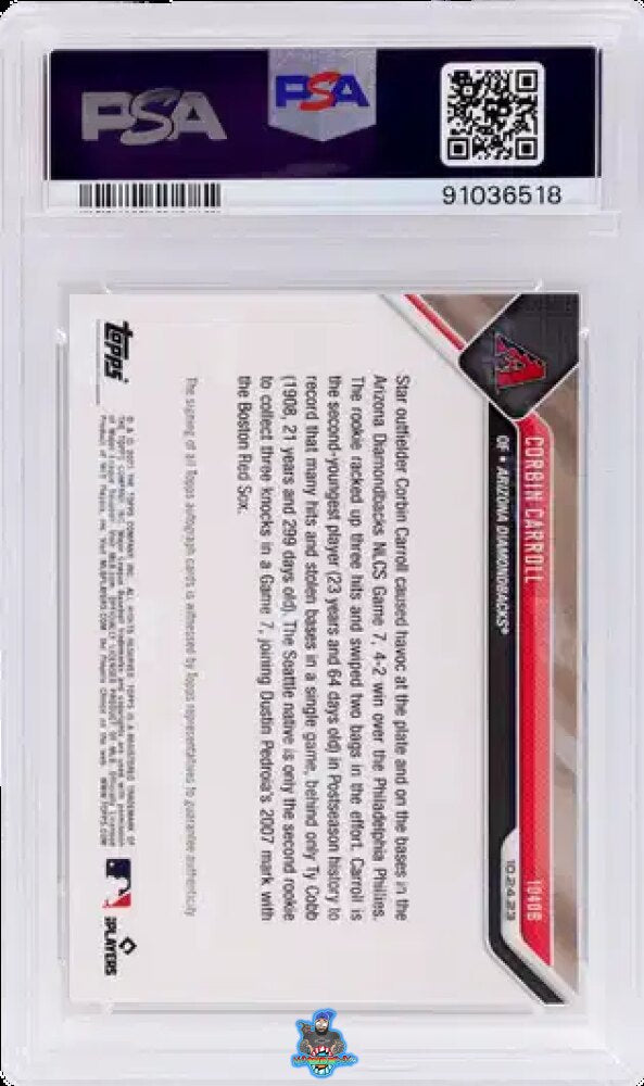 Back of 2023 Topps Now Autograph Blue Corbin Carroll #1040B /49