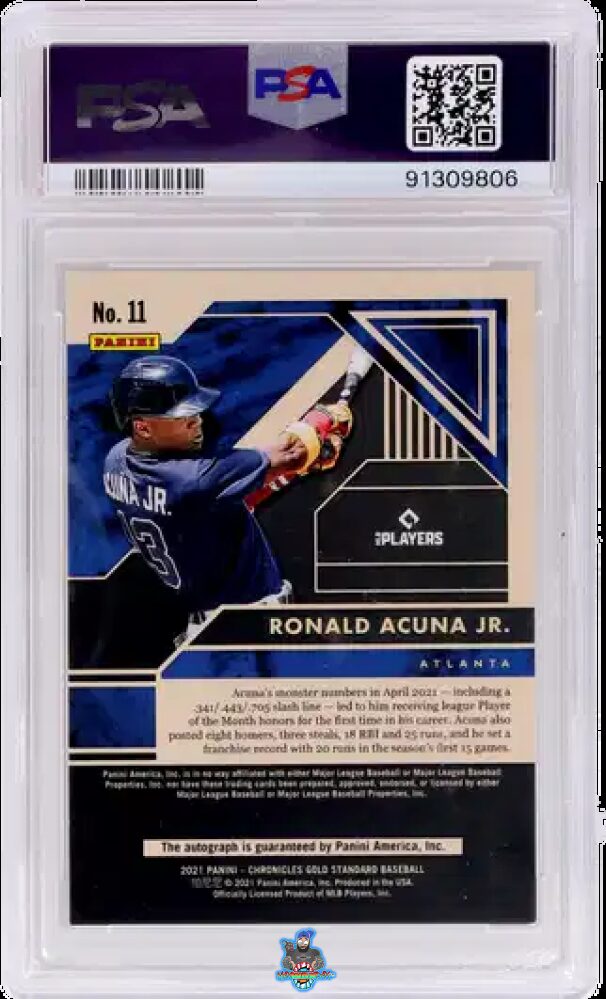 Back of 2021 Panini Chronicles Gold Standard Autograph Holo Platinum Blue Ronald Acuna Jr. #11 /1
