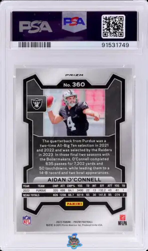Back of 2023 Panini Prizm White Sparkle Prizm Aidan O'Connell #360