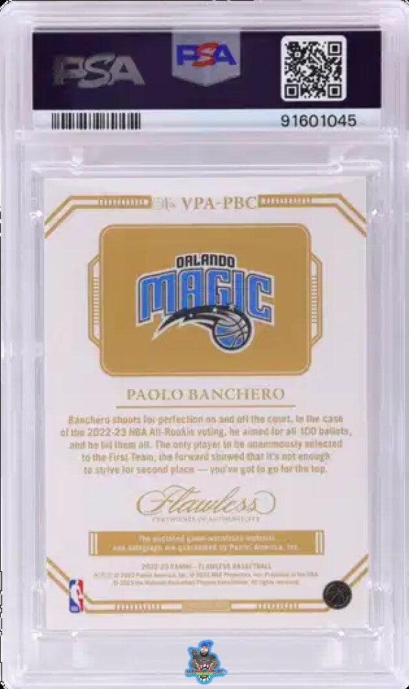 Back of 2022 Panini Flawless Vertical Patch Autograph Paolo Banchero #VPA-PBC /25