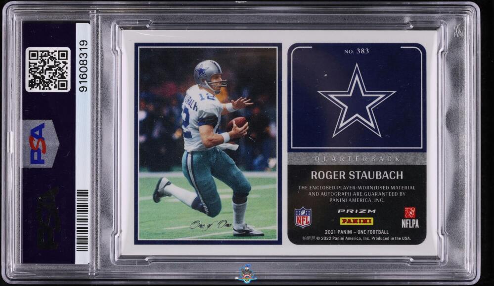 Back of 2021 Panini One Formula One Autograph Gold Vinyl Roger Staubach #383 /1