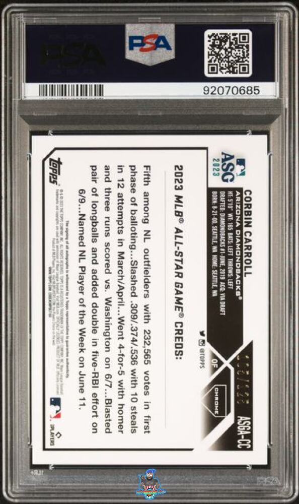 Back of 2023 Topps Chrome Update '23 All Star Game Autograph Xfractor Corbin Carroll #ASGA-CC /125