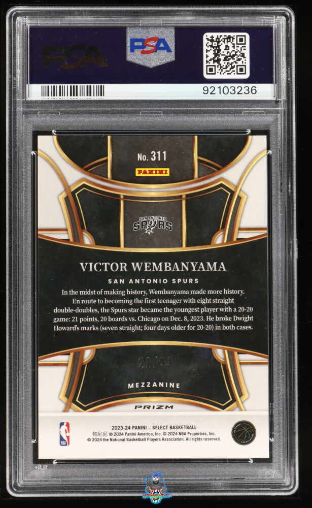 Back of 2023 Panini Select Mezzanine Blue Flash Victor Wembanyama #311 /99