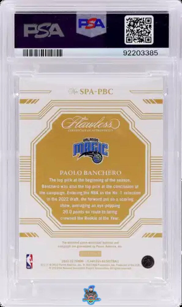 Back of 2022 Panini Flawless Signature Prime Material Paolo Banchero #SPA-PBC /25