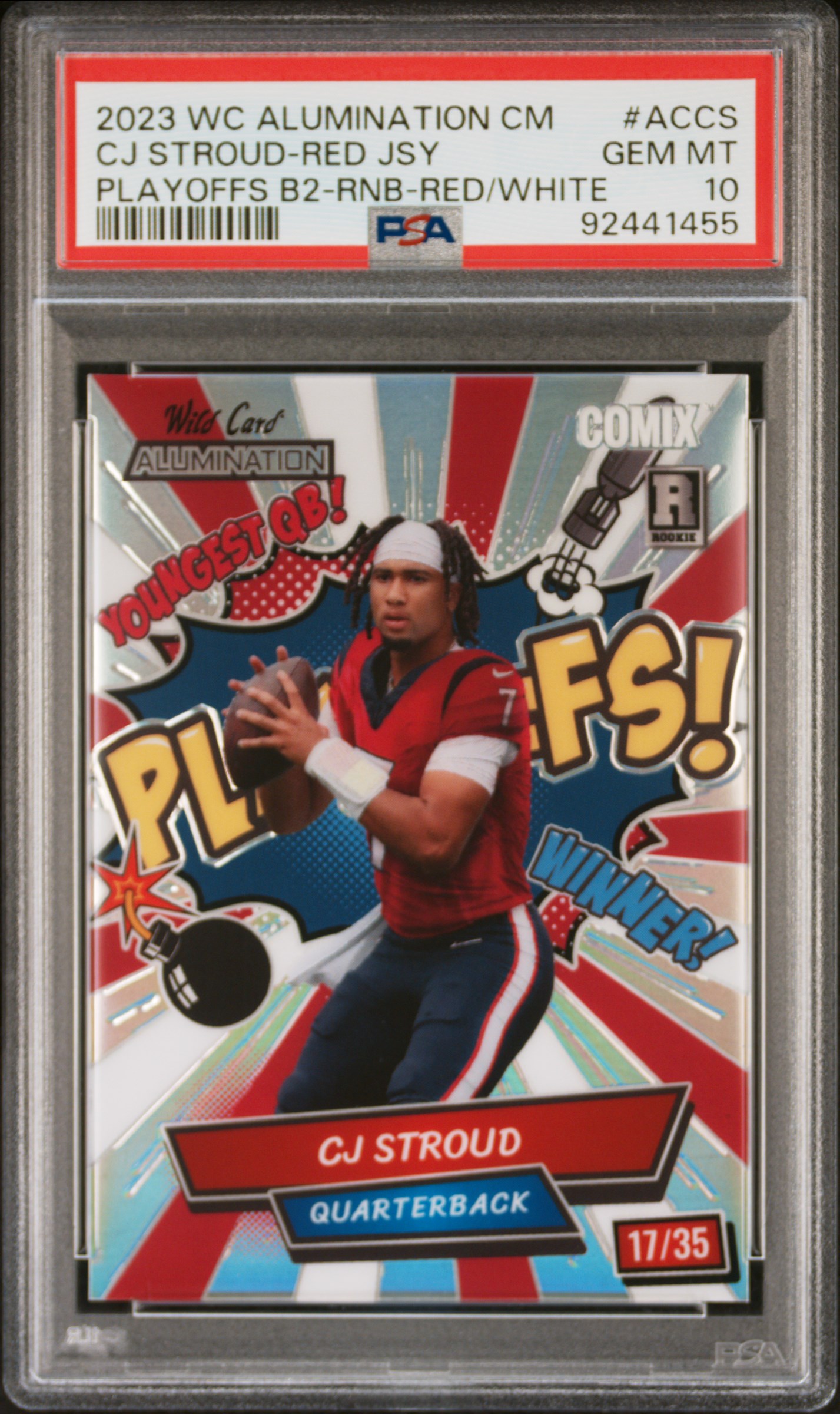 2023 Wild Card Alumination Comix Playoffs Blue 2 Red Jersey Rainbow Foil Red White CJ Stroud #ACCS