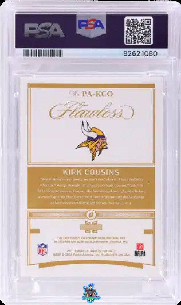 Back of 2021 Panini Flawless Patch Autograph Sapphire Kirk Cousins #53 /5