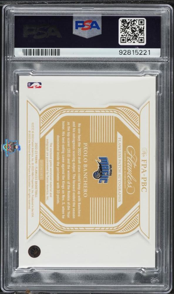 Back of 2022 Panini Flawless Patch Autograph Ruby Paolo Banchero #7 /15