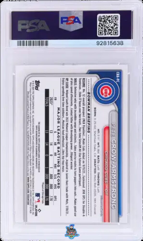 Back of 2024 Bowman Chrome Rookie Autograph Blue Refractor Pete Crow-Armstrong #CRAPC /150