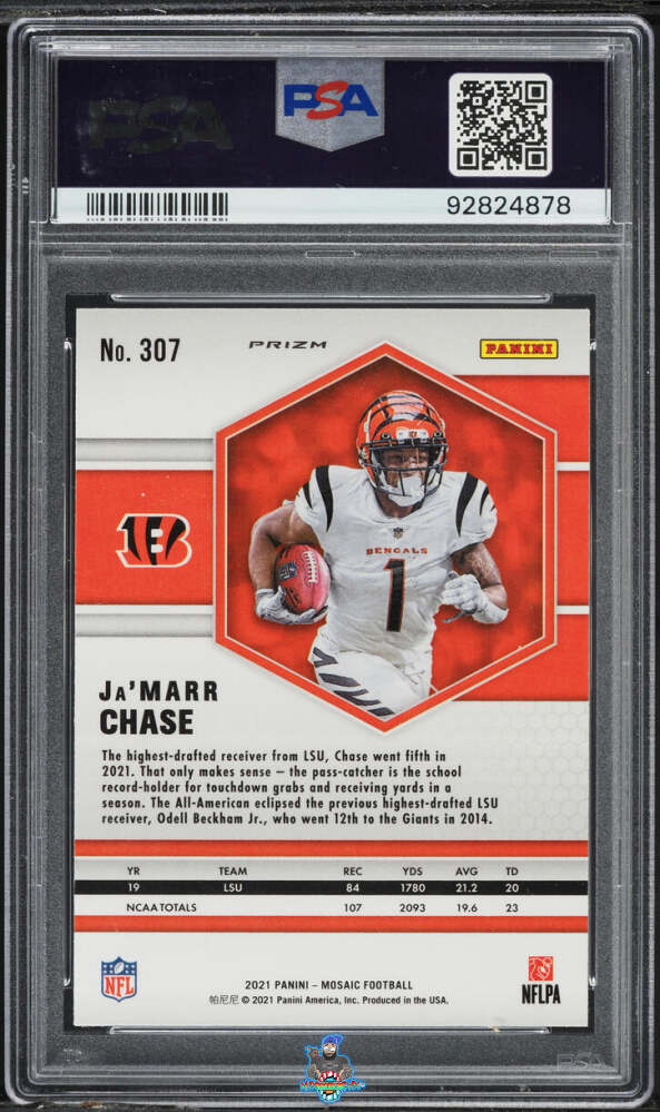 Back of 2021 Panini Mosaic White Sparkle Ja'Marr Chase #307