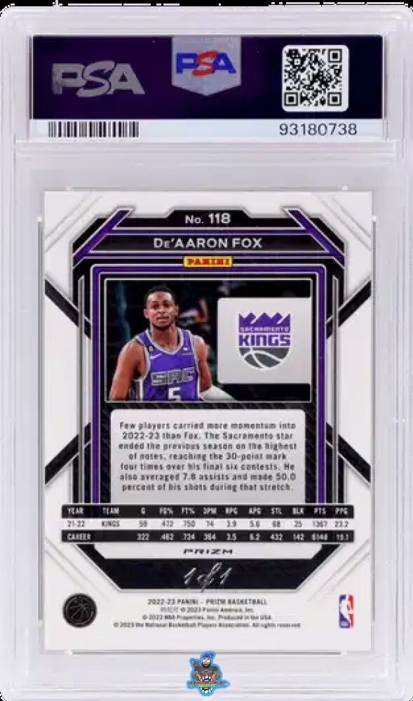 Back of 2022 Panini Prizm Black Prizm De'Aaron Fox #118 /1