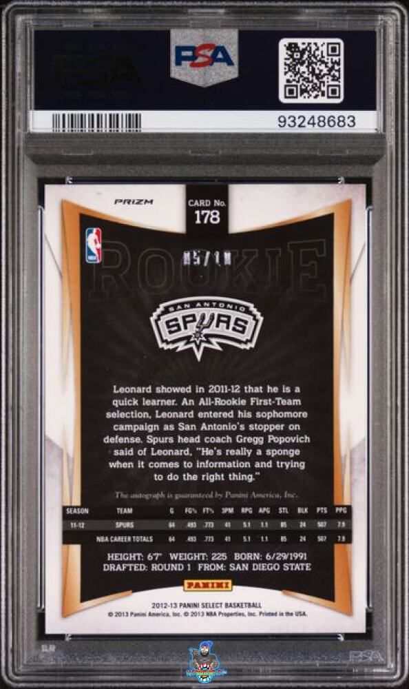 Back of 2012 Panini Select Autograph Gold Prizm Kawhi Leonard #178 /10