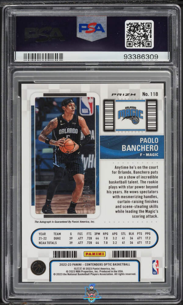 Back of 2022 Panini Contenders Optic Rookie Ticket Autograph Blue Paolo Banchero #118 /49