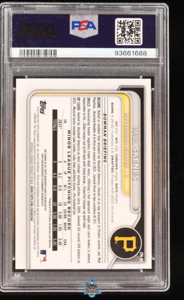 Back of 2024 Bowman Chrome Prospect Autograph Green Paul Skenes #CPAPS /99