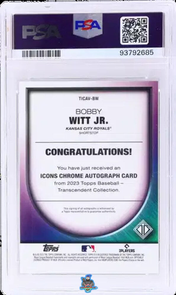 Back of 2023 Topps Transcendent Collection Icons Chrome Autograph Bobby Witt Jr. #CAV-BW /15