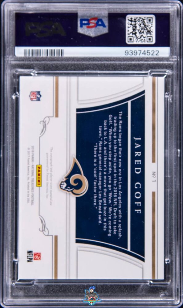 Back of 2016 National Treasures Rookie Colossal Signature Material NFL Shield Jared Goff #1 /1