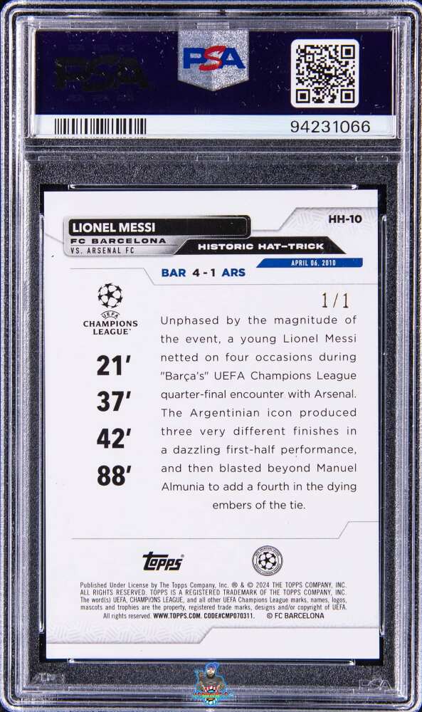Back of 2023 Topps UEFA Club Competitions Historic Hat Trick Foilfractor Lionel Messi #HH10 /1
