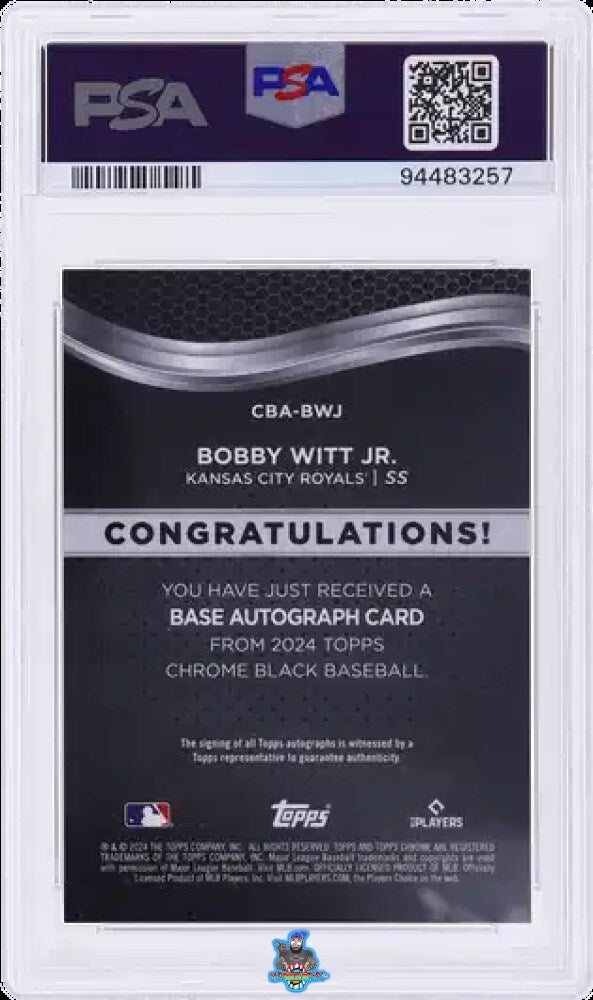 Back of 2024 Topps Chrome Chrome Black Autograph Orange Refractor Bobby Witt Jr. #CBABWJ /25
