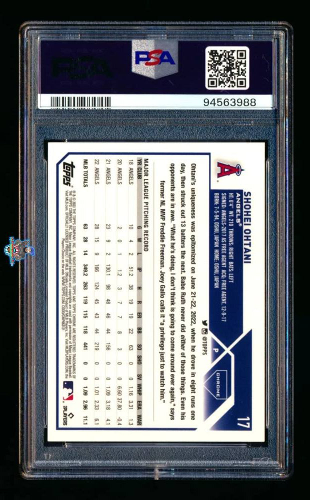 Back of 2023 Topps Chrome Red Wave Refractor Shohei Ohtani #17