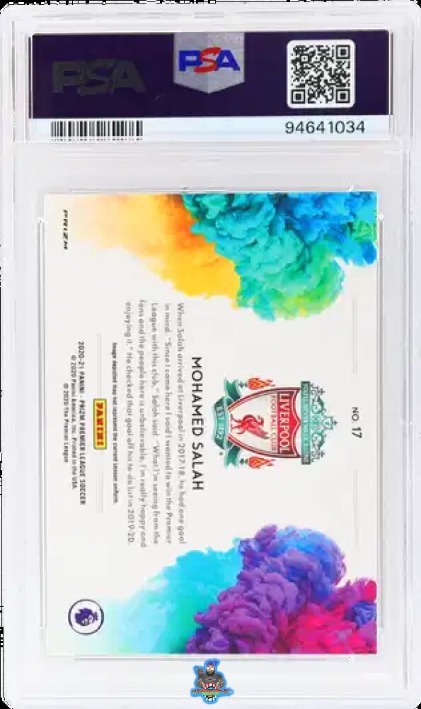 Back of 2020 Panini Prizm Premier League Color Blast Mohamed Salah #17