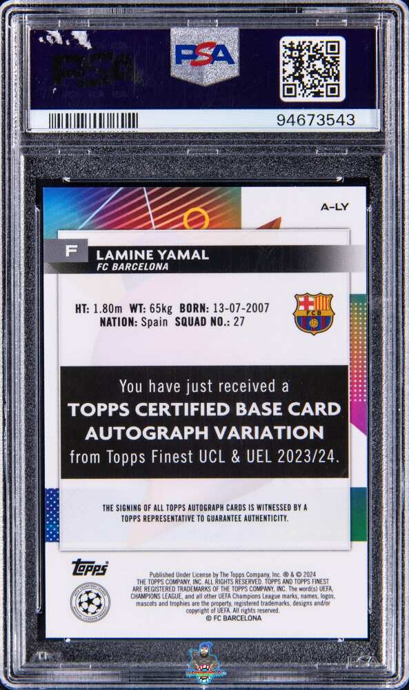 Back of 2023 Topps Finest UEFA Club Competition Autograph Lamine Yamal #ALY