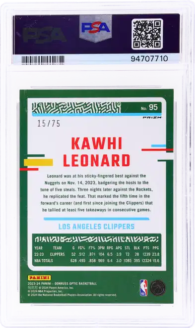 Back of 2023 Donruss Optic Base Red Glitter Kawhi Leonard #95 /75